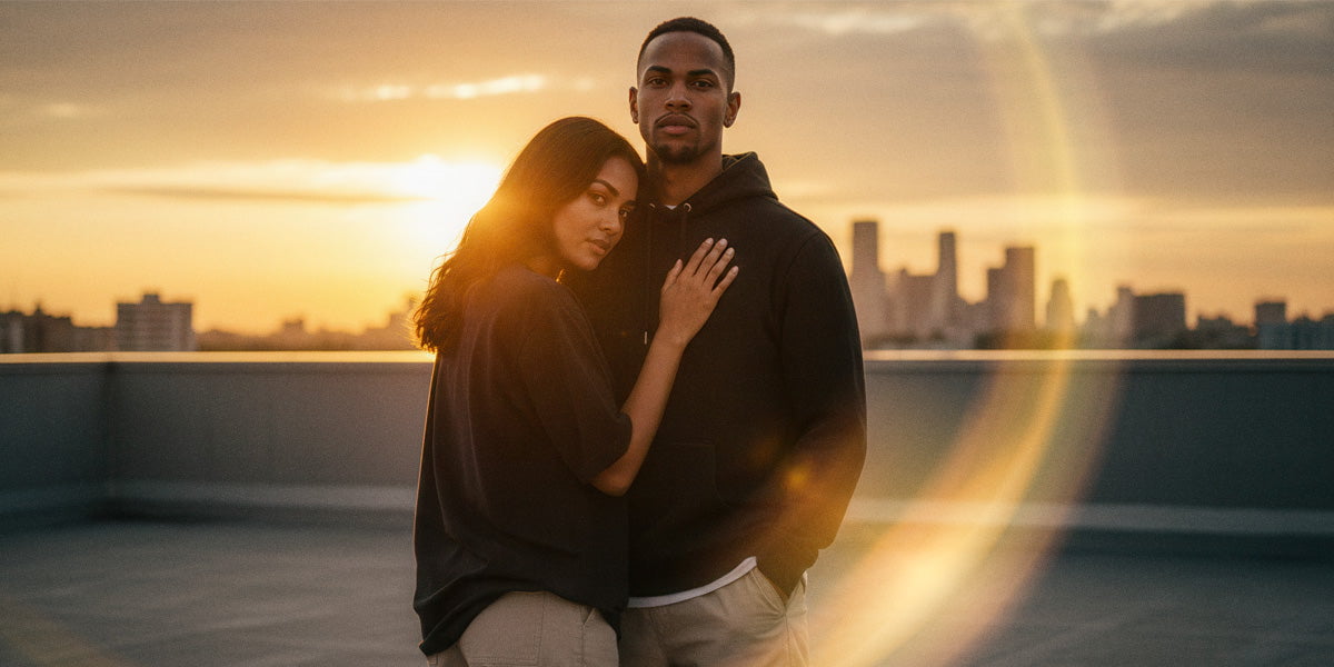 zwei models auf dem Dach bei Sonnenaufgang