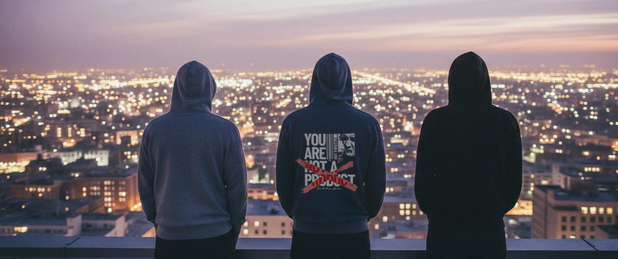 drei Models in der Rückenansicht auf einem Dach stehend