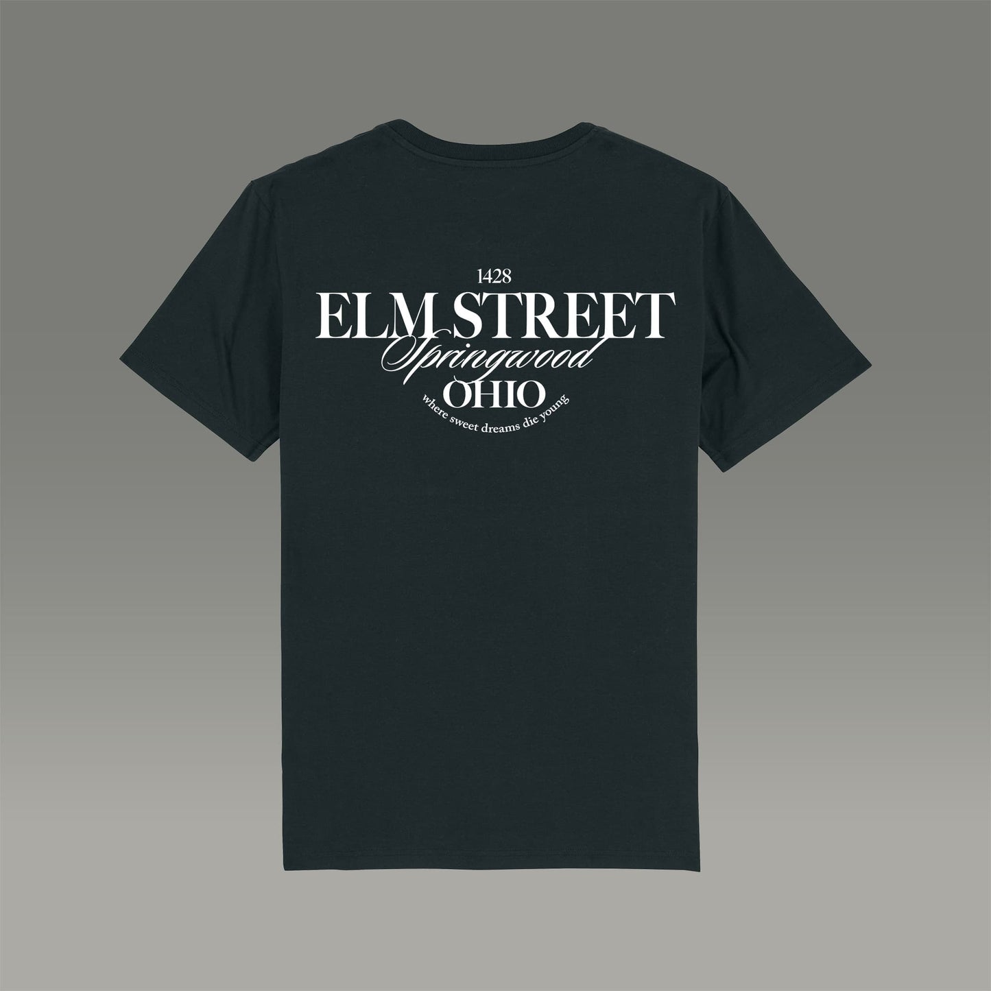 schwarzes Herren T-Shirt  mit Typo Aufdruck Elmstreet auf der Rückseite