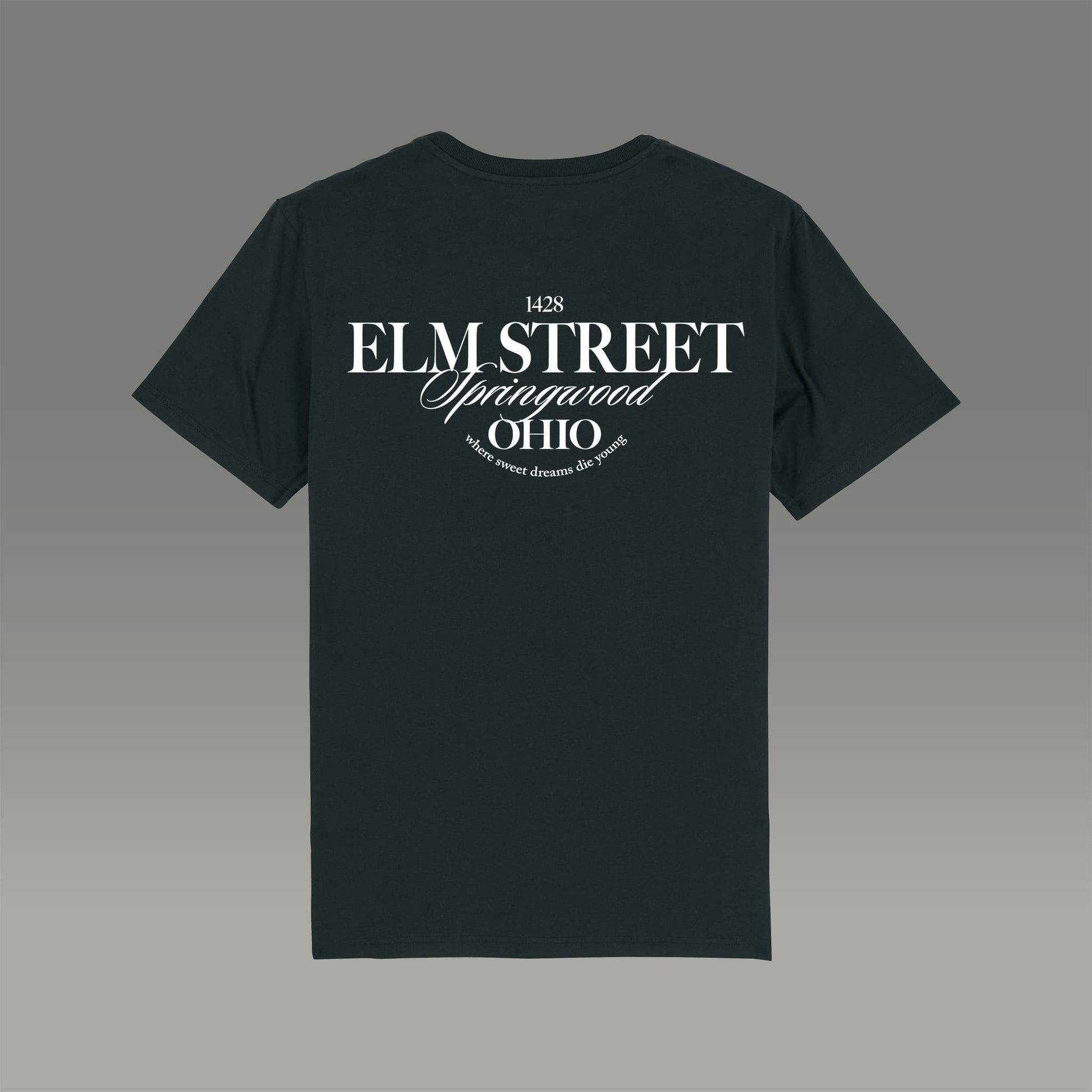 schwarzes Herren T-Shirt  mit Typo Aufdruck Elmstreet auf der Rückseite