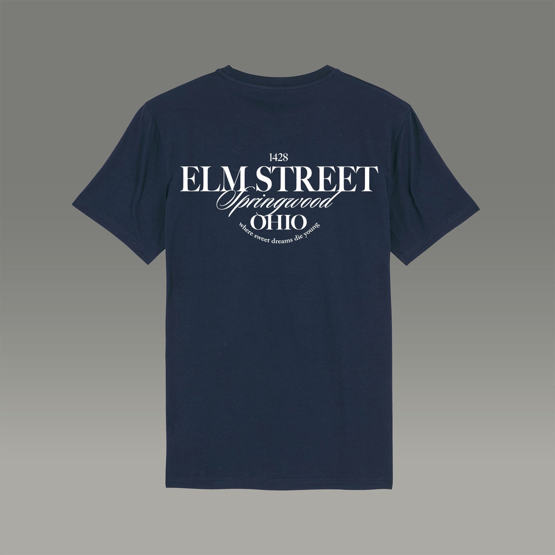Rückansicht T-Shirt Herren in dunkelblau mit Typo Aufdruck Elmstreet 