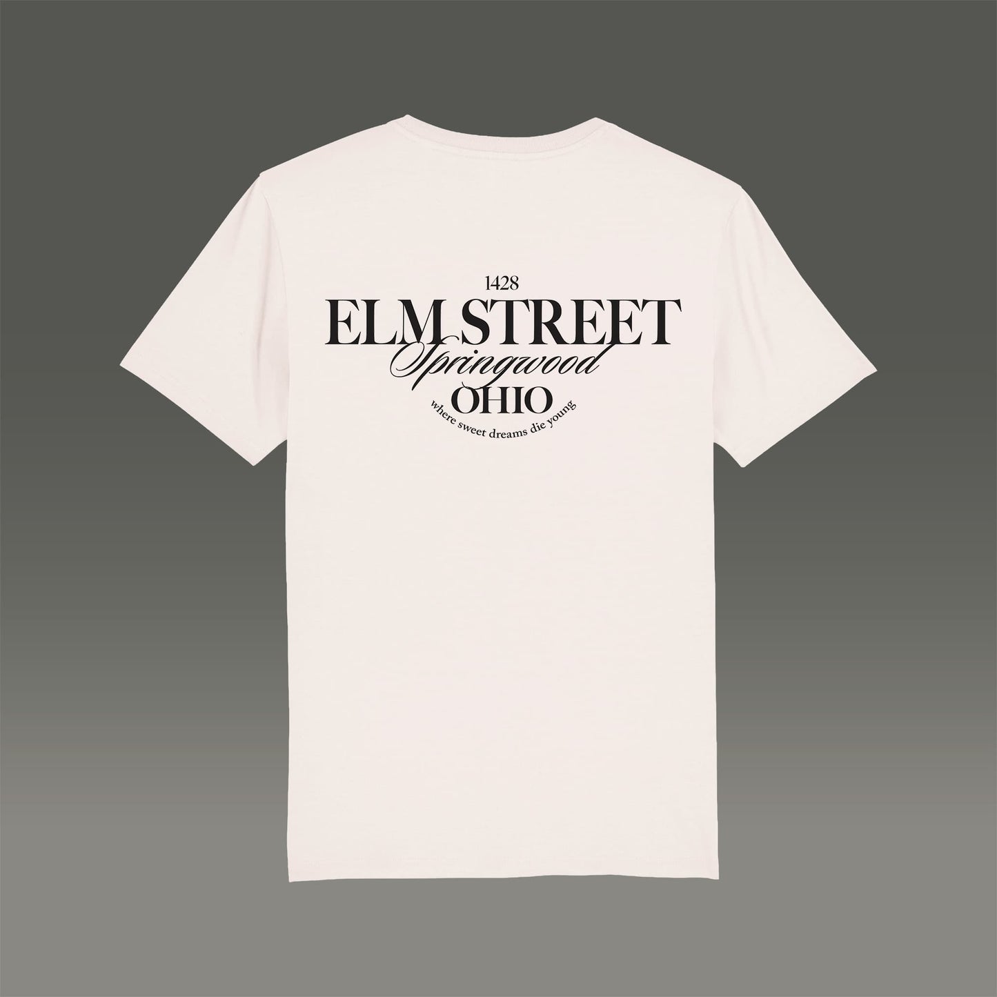 T-Shirt in vintage white mit Typo Aufdruck Elmstreet auf der Rückseite