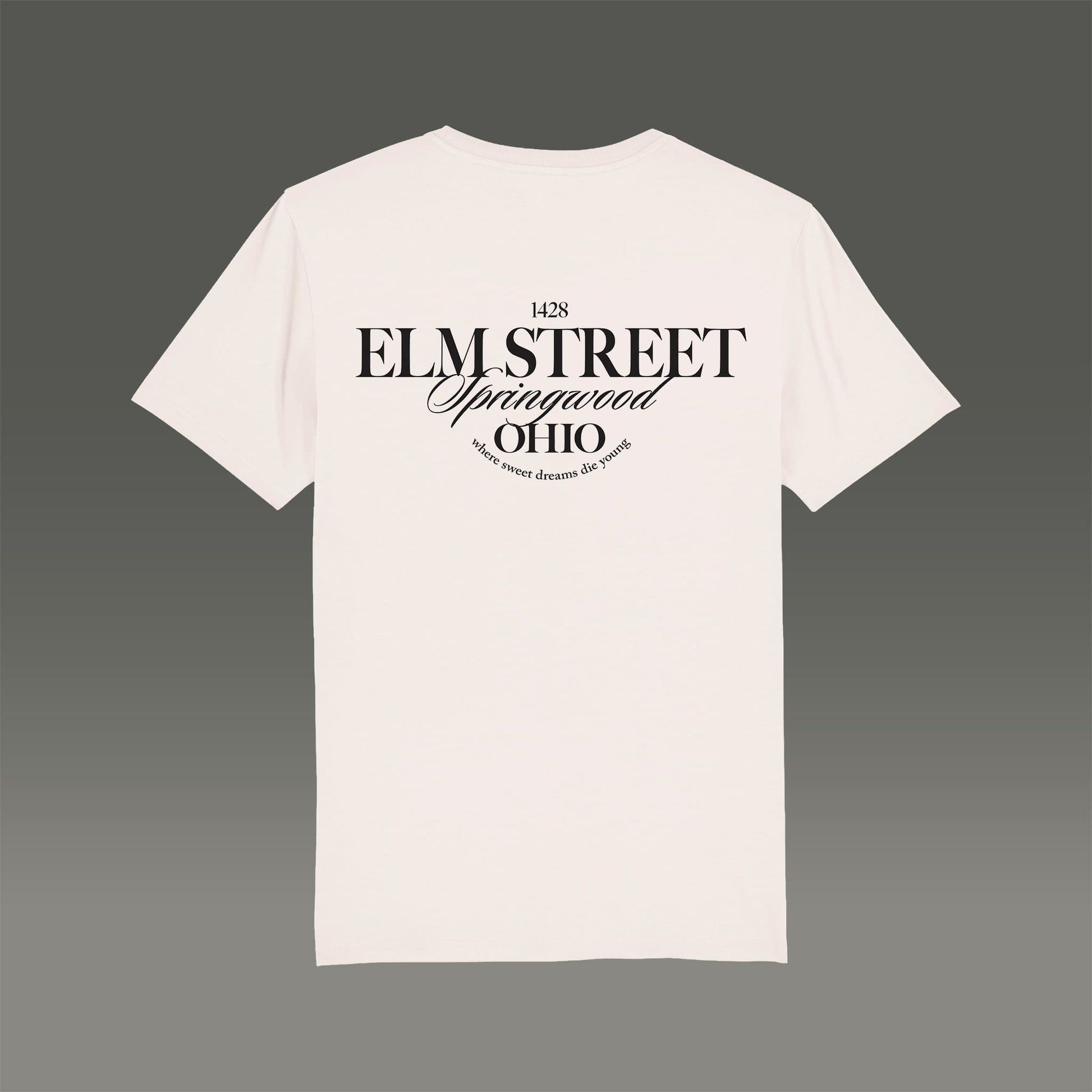 T-Shirt in vintage white mit Typo Aufdruck Elmstreet auf der Rückseite