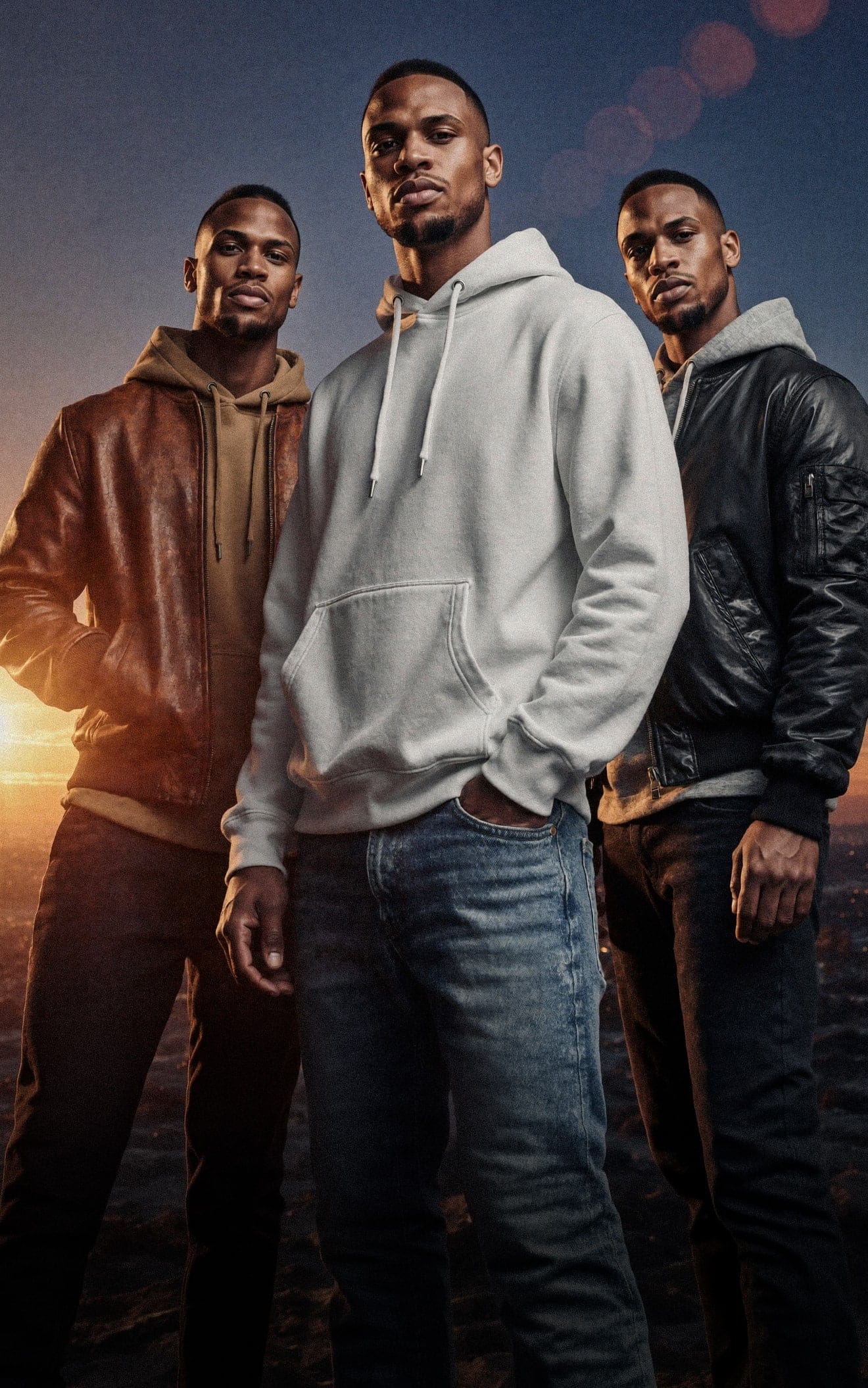 Organic Hoodie 'AMITYVILLE NY' – Drei Männer im cinematischen Sonnenuntergang-Setting, zentrale Figur trägt grauen Oversize Hoodie mit großflächigem Frontprint 'New York Amityville'. Dramatische Stimmung, filmisches Licht. Premium Cinematic Streetwear. Film Art Wear – Designed in Hamburg.