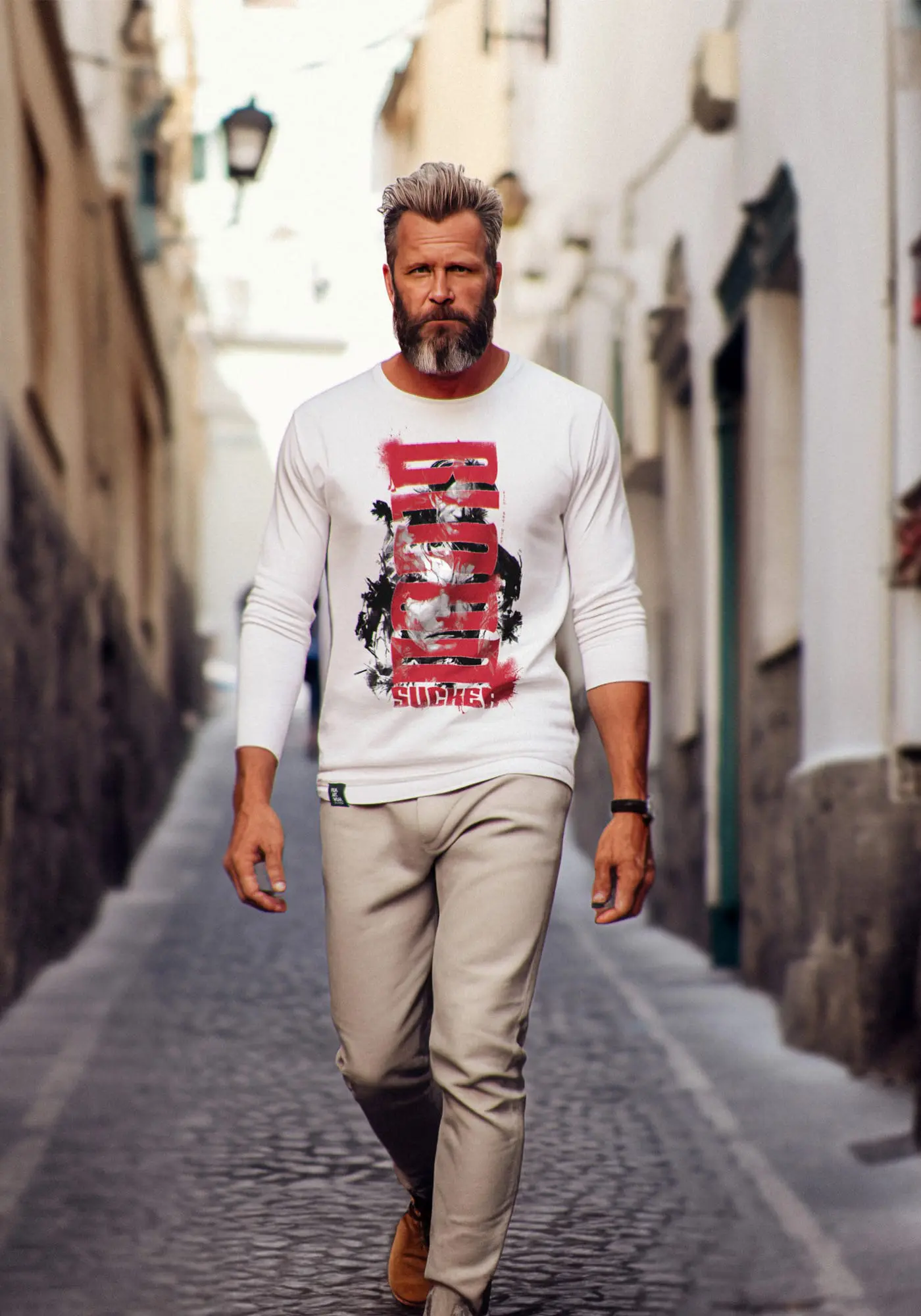 Model Matt trägt das weiße Bloodsucker Herren langarmshirts in urbaner Straßenumgebung