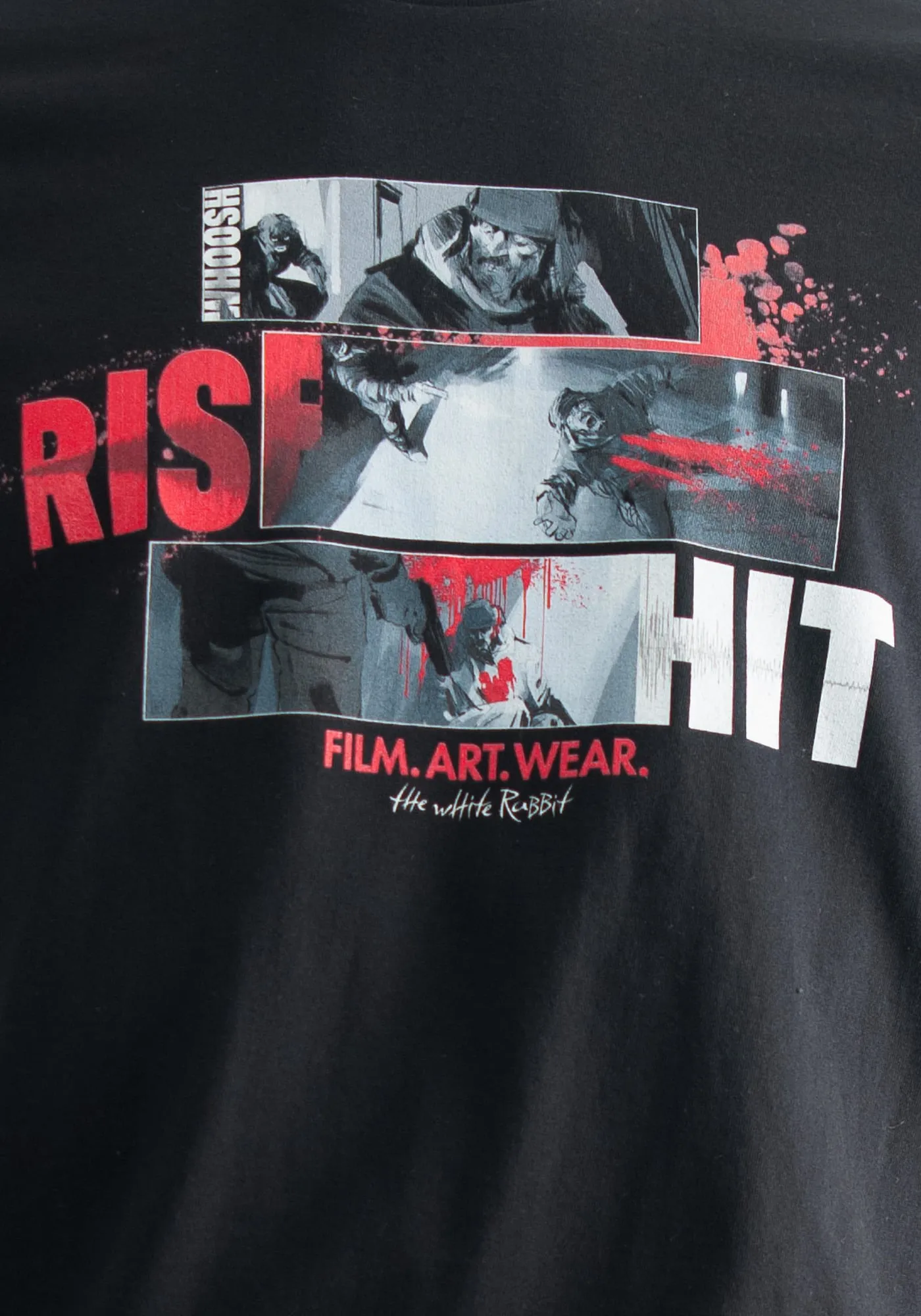 Closeup Hitman Comic Print auf T-Shirt Vorderseite mit drei comic-panels