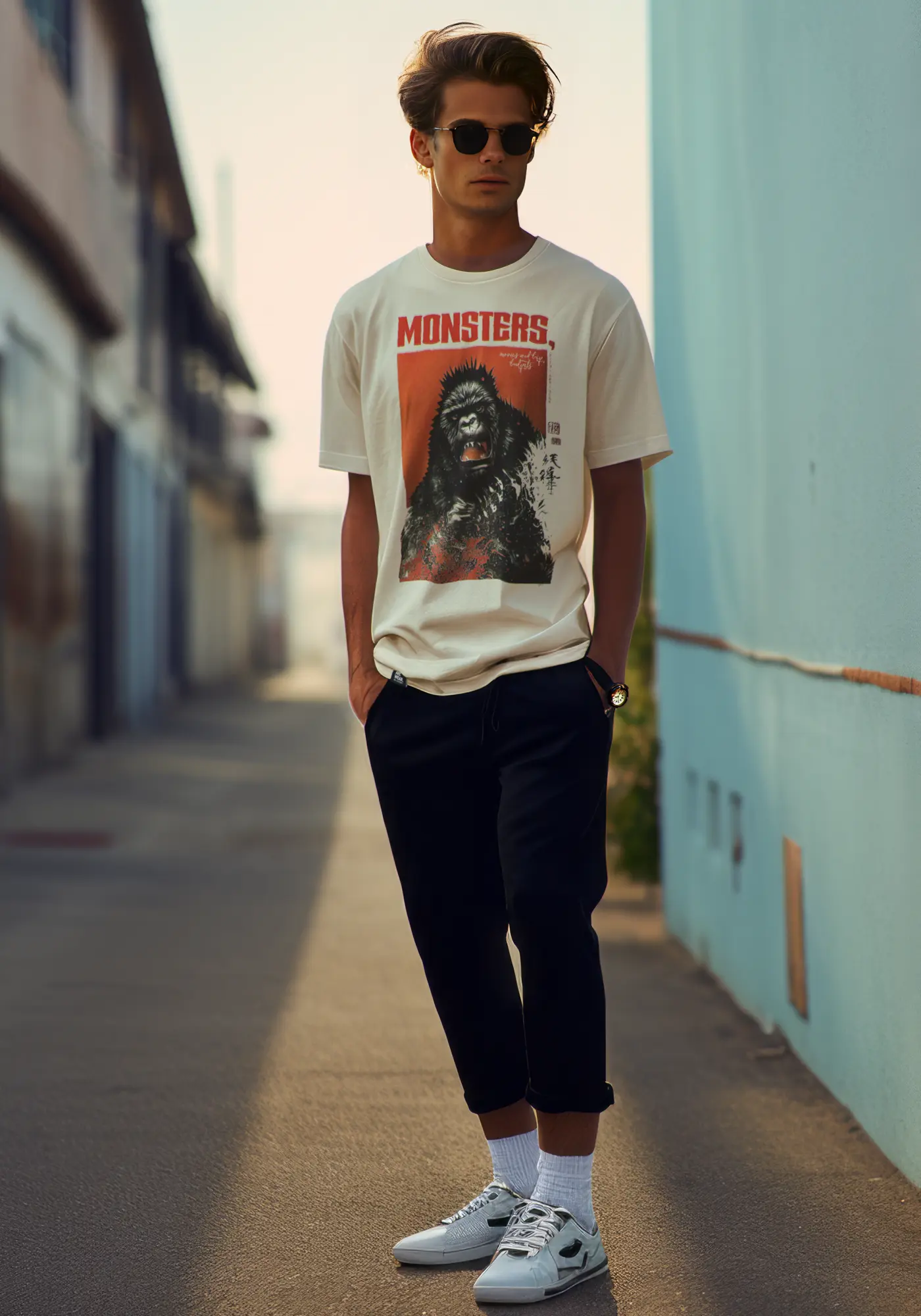 Jordan trägt das Monster T-Shirt Gorilla print vor Sonnenuntergangsstimmung