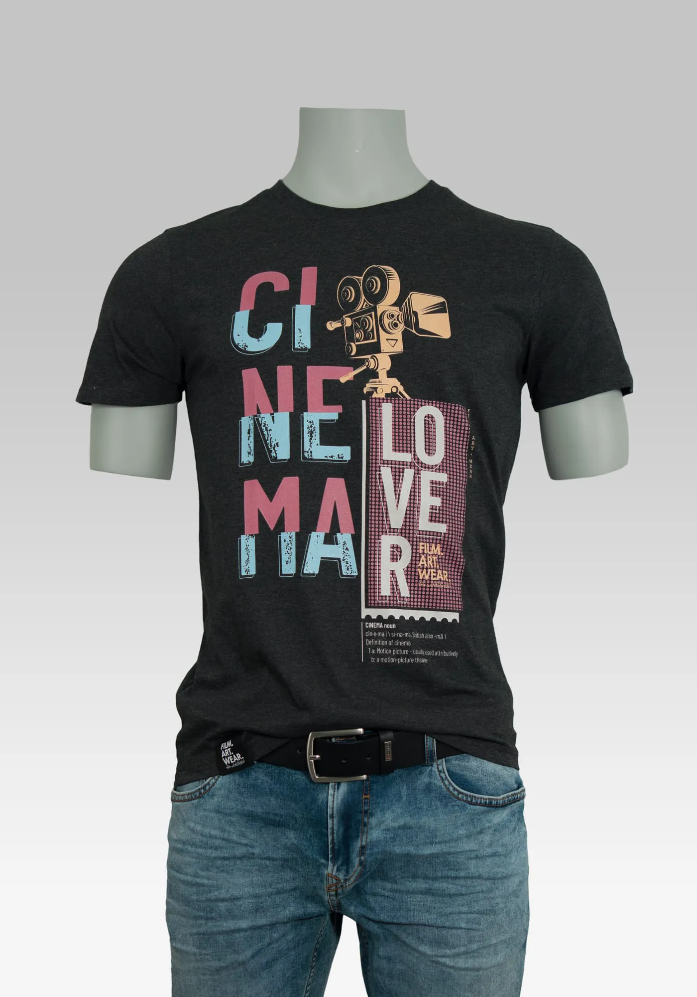Filmliebhaber Schwarzes T-Shirt mit großem Frontprint Cinema Lover an Hollowpuppe